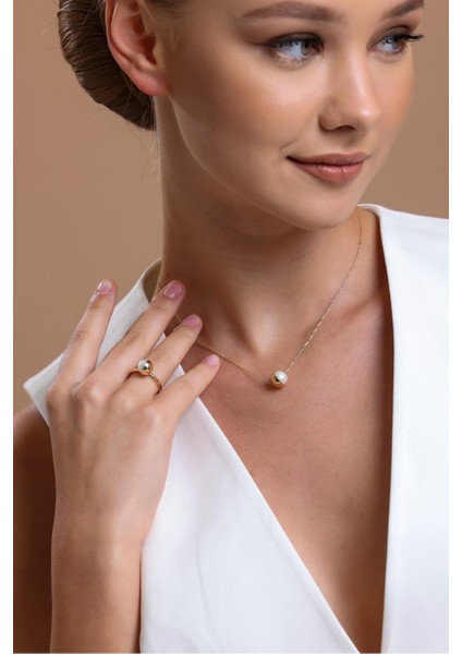 14 Ayar Altın 8 mm Tek Doğal Inci Kolye Yüzük Ikili Set modelleri