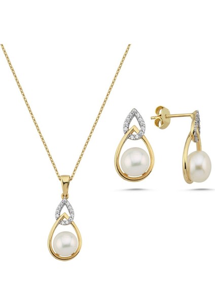 14 Ayar Altın 6 mm Zirkon Taşlı Damla İçinde Doğal İnci Küpe Kolye İkili Set