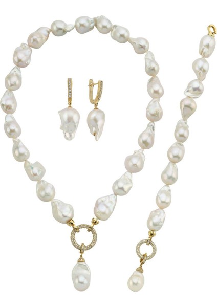 14 Ayar Altın 20 mm Halka Kilitli Barok Doğal İnci Küpe Kolye Bileklik Üçlü Set