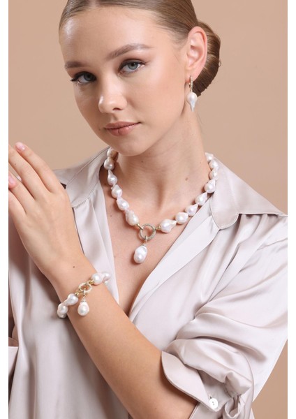 14 Ayar Altın 20 mm Halka Kilitli Barok Doğal İnci Küpe Kolye Bileklik Üçlü Set fiyatları