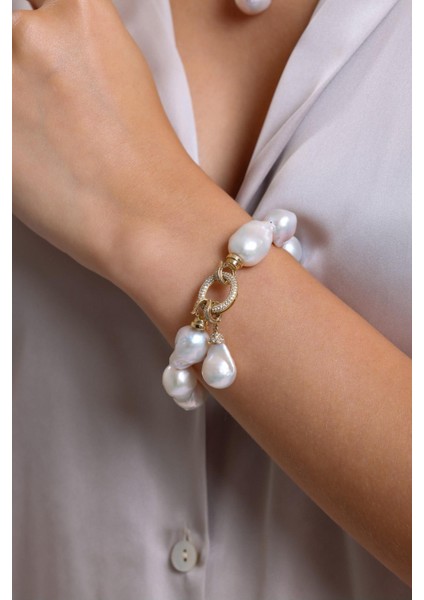 14 Ayar Altın 20 mm Halka Kilitli Barok Doğal İnci Küpe Kolye Bileklik Üçlü Set indirimleri