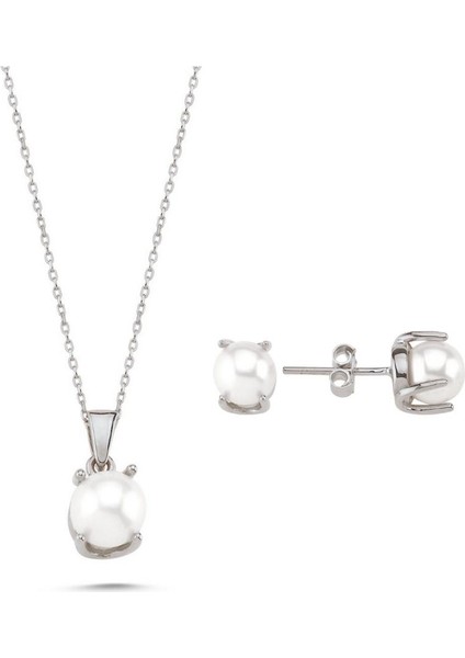 14 Ayar Altın 7 mm Doğal İnci Küpe Kolye İkili Set