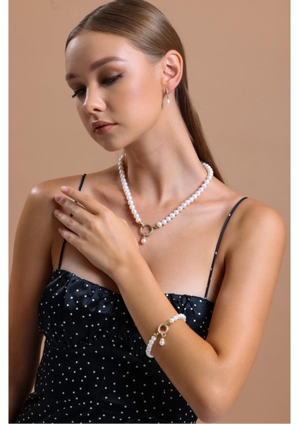 14 Ayar Altın 8 mm Halka Kilitli Doğal Inci Bileklik modelleri