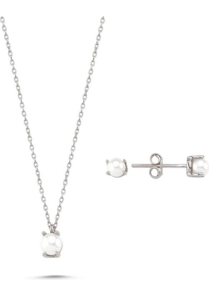 14 Ayar Altın 3 mm Incili Küpe Kolye Ikili Set