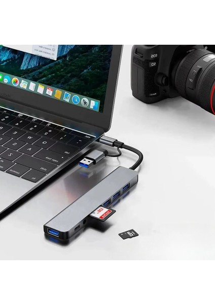 ® 8 In 1 USB Çevirici Notebook Macbook Type-C Uyumlu Görüntü Aktarıcı Hub