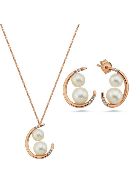 14 Ayar Altın 6 mm Çift Doğal İncili Küpe Kolye İkili Set