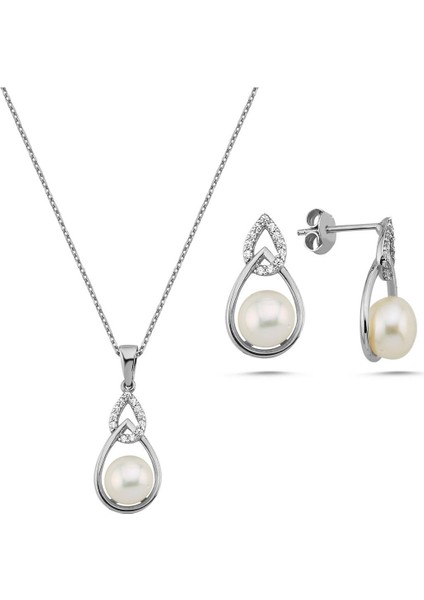 14 Ayar Altın 6 mm Zirkon Taşlı Damla İçinde Doğal İnci Küpe Kolye İkili Set