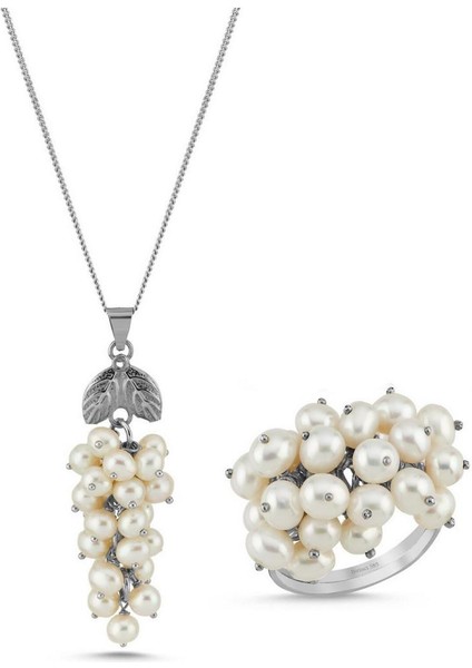 14 Ayar Altın 4 mm Üzüm Salkımı Doğal Inci Kolye Yüzük Ikili Set