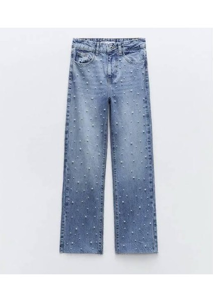 Boncuk Detaylı Kız Çocuk Jean Pantolon