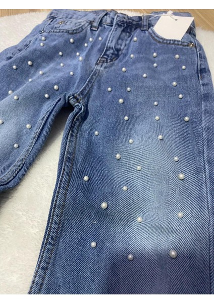 Boncuk Detaylı Kız Çocuk Jean Pantolon