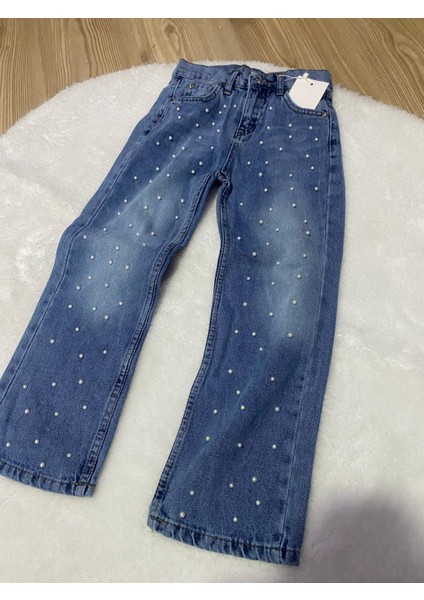Boncuk Detaylı Kız Çocuk Jean Pantolon