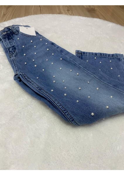 Boncuk Detaylı Kız Çocuk Jean Pantolon