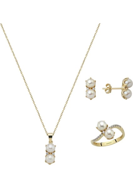 14 Ayar Altın 5 mm İkili İnci Küpe Kolye Yüzük Üçlü Set