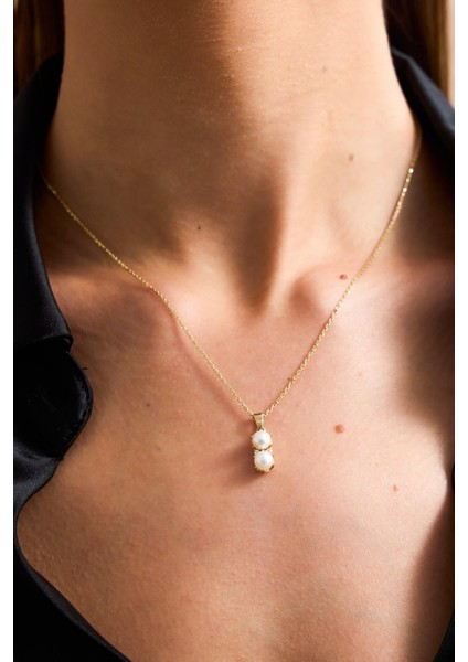 14 Ayar Altın 5 mm İkili İnci Küpe Kolye Yüzük Üçlü Set modelleri