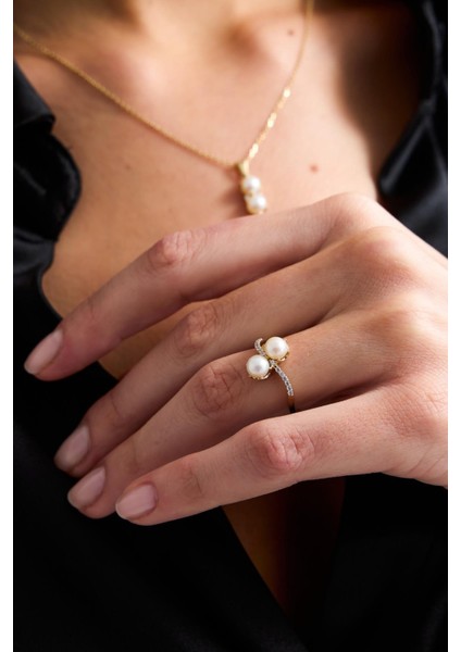 14 Ayar Altın 5 mm İkili İnci Küpe Kolye Yüzük Üçlü Set fırsatları