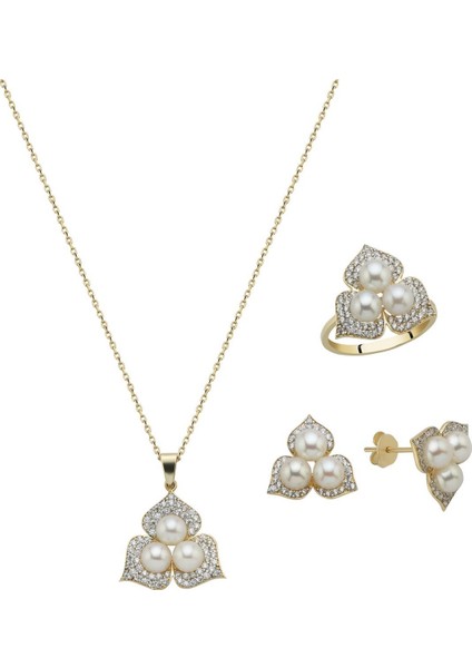 14 Ayar Altın 5 mm Zirkon Taşlı Doğal İncili Küpe Kolye Yüzük Üçlü Set