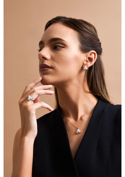 14 Ayar Altın 5 mm Zirkon Taşlı Doğal İncili Küpe Kolye Yüzük Üçlü Set fiyatları