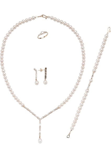 14 Ayar Altın 6 mm Baget Zirkon Taşlı Doğal İnci Küpe Kolye Bileklik Yüzük Dörtlü Set