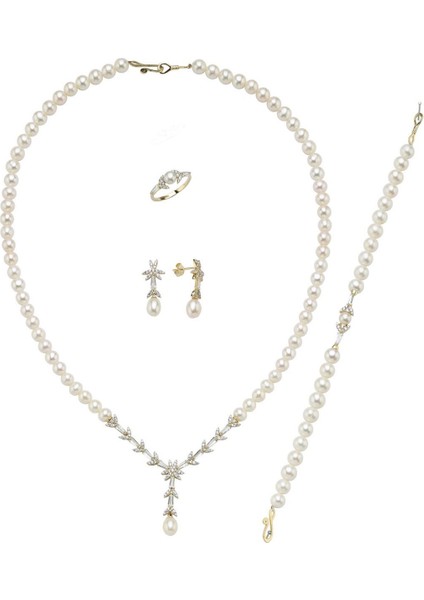 14 Ayar Altın 6 mm Yaprak Modelli Doğal İnci Küpe Kolye Bileklik Yüzük Dörtlü Set BVRTZ120163Z120164Z120165Z1201666