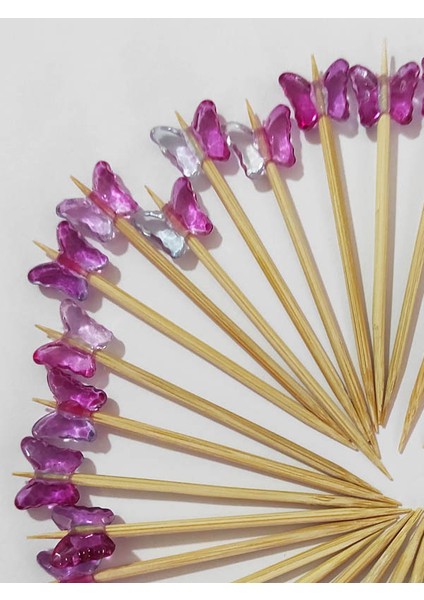 100 Adet Dekoratif Lila Pembe Kelebek Boncuklu Kokteyl Kürdanı 6 cm - Süslü Kanepe Kürdanı modelleri