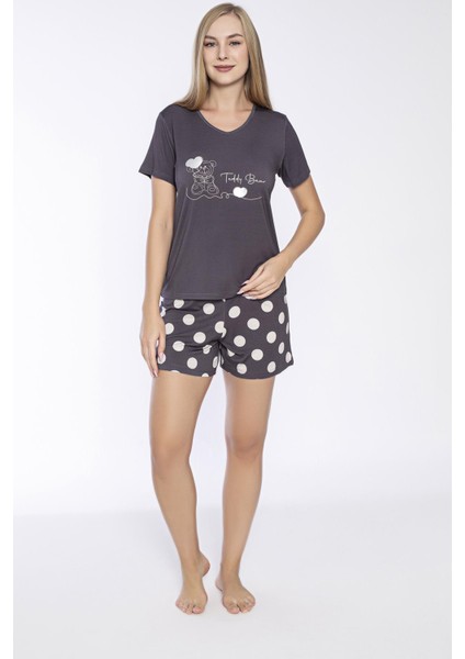 Kadın Kısa Kol Füme Şortlu Pijama Takım C7T4N7O-048