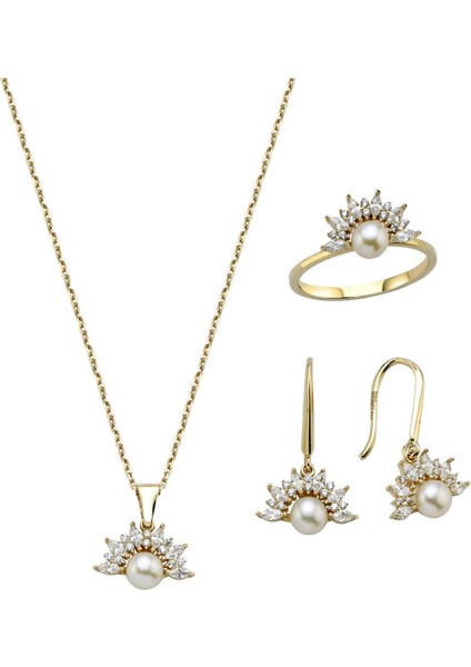 14 Ayar Altın 6 mm Yarım Çiçek Modelli Doğal İnci Küpe Kolye Yüzük Üçlü Set