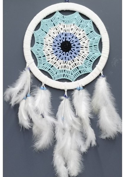 Su Yeşili Renginde Nazar Motifli Kuş Tüylü Duvar Süsü