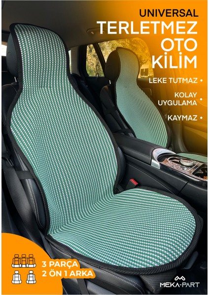 Terletmez Koltuk Koruyucu Kılıf 3 Parça Universal Yeşil Beyaz 2+1 %100 Pamuk