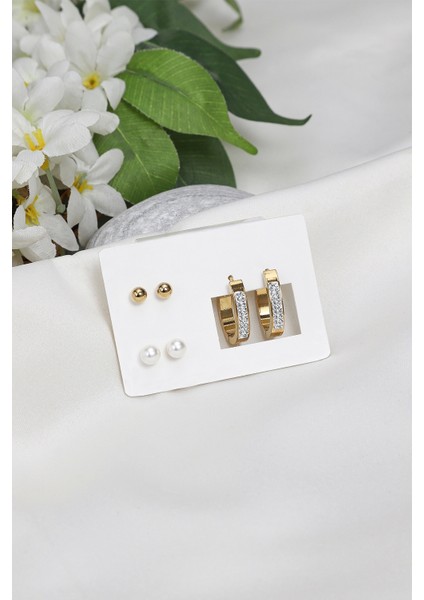 Incili 6'lı Çelik Küpe