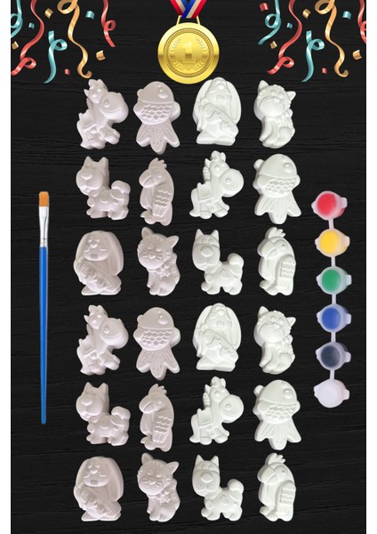 24 Adet Sevimli Hayvanlar (3d)- Beton/taş/figür/büst Boyama Seti-Çocuk Boyama Etkinliği