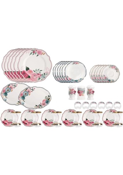 Fuşya Çiçek Desen 6 Kişilik 42 Parça Kahvaltı Takımı