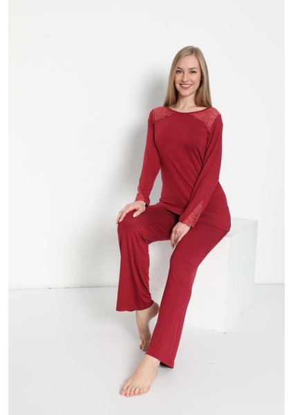 Kadın Uzun Kol Bisiklet Yaka Dantelli Viskon Bordo Pijama Takımı C8T3N5O-048