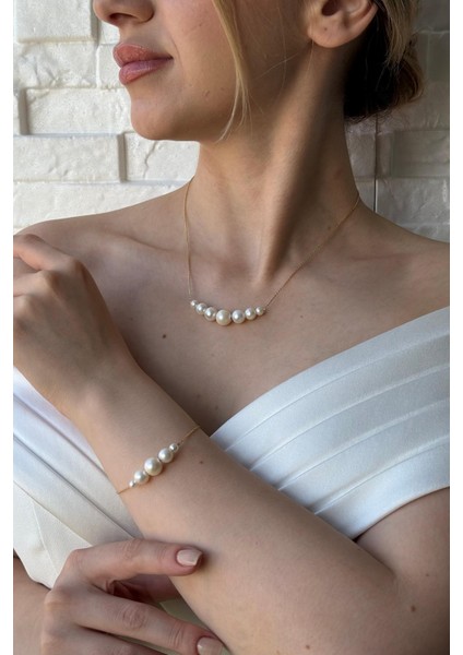 14 Ayar Altın 10 mm Süzme Doğal Inci Kolye Bileklik Ikili Set modelleri