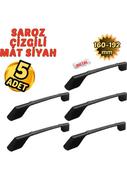 5 Adet Metal Saroz Çizgili Mobilya Çekmece Dolap Kulpu Mat Siyah 160-192 mm