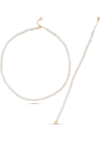 14 Ayar Altın 5 mm Sıralı Top Barok İnci Kolye Bileklik İkili Set