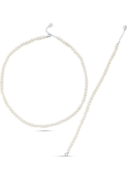 14 Ayar Altın 5 mm Sıralı Top Barok İnci Kolye Bileklik İkili Set