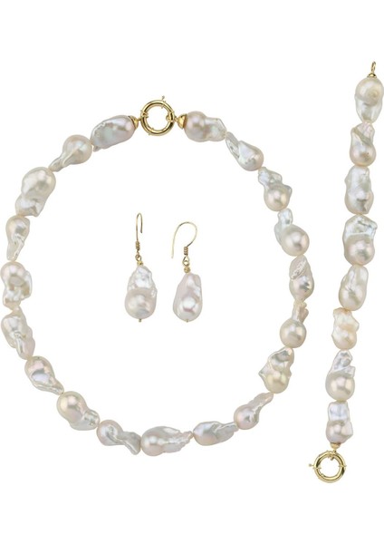 14 Ayar Altın 22 mm Barok Inci Kolye Bileklik Küpe Üçlü Set