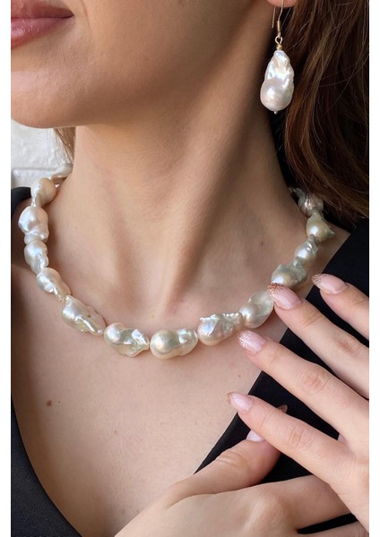 14 Ayar Altın 22 mm Barok Inci Kolye Bileklik Küpe Üçlü Set