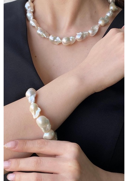 14 Ayar Altın 22 mm Barok Inci Kolye Bileklik Küpe Üçlü Set