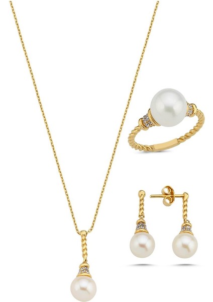 14 Ayar Altın 8 mm Burgulu Zirkon Taşlı Doğal Inci Küpe Kolye Yüzük Üçlü Set fiyatları