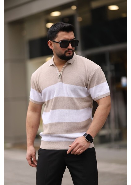 Bej Yarım Fermuarlı Polo Yaka Çizgili Triko T-Shirt