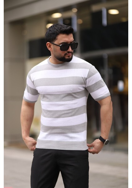 Taş Gri Bisiklet Yaka Çizgili Triko Tişört