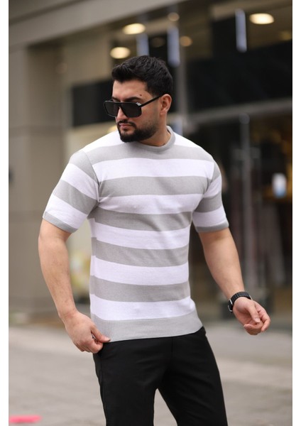 Taş Gri Bisiklet Yaka Çizgili Triko Tişört fiyatları