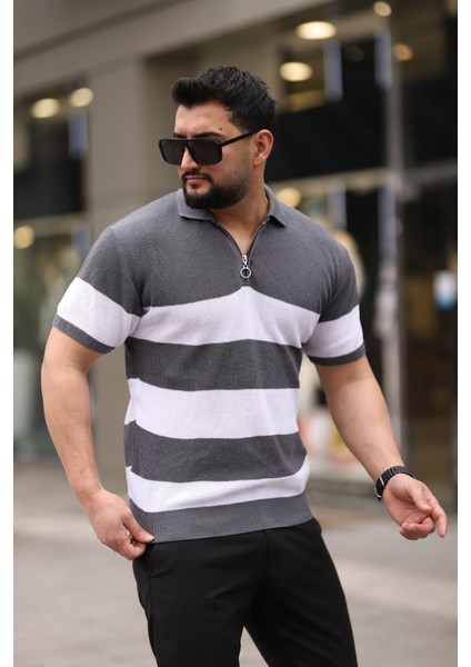 Antrasit Yarım Fermuarlı Polo Yaka Çizgili Triko T-Shirt