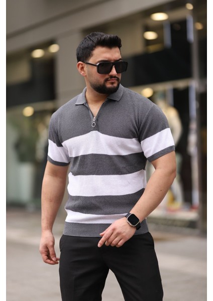 Antrasit Yarım Fermuarlı Polo Yaka Çizgili Triko T-Shirt fiyatları