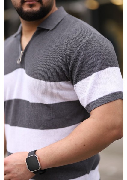 Antrasit Yarım Fermuarlı Polo Yaka Çizgili Triko T-Shirt modelleri