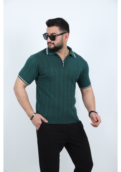 Yeşil Yarım Fermuarlı Polo Yaka Düz Triko Örme Tişört