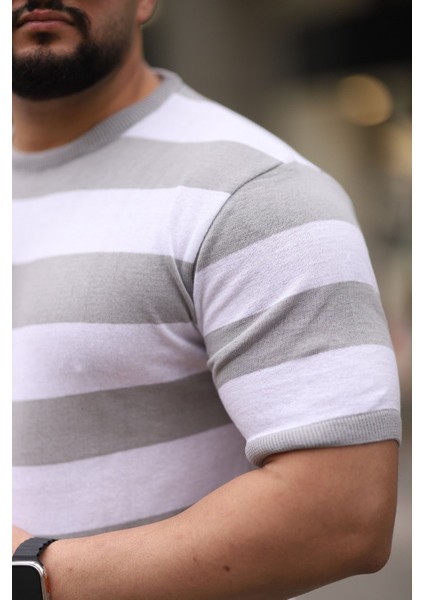 Taş Gri Bisiklet Yaka Çizgili Triko Tişört modelleri