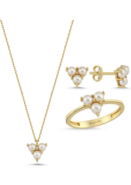 14 Ayar Altın 3 mm Tria Doğal Inci Küpe Kolye Yüzük Üçlü Set