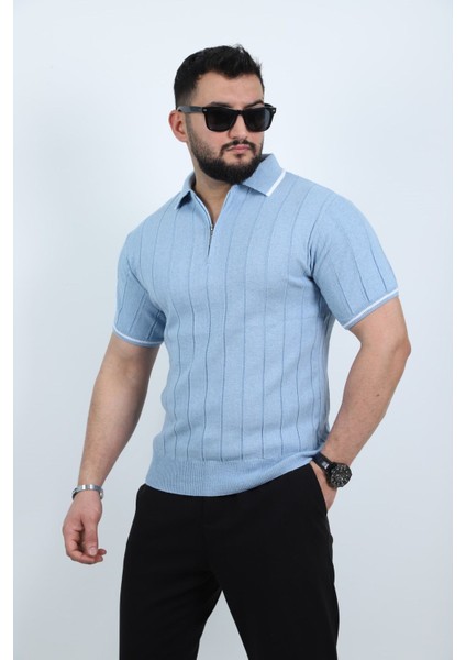 Bebe Mavisi Yarım Fermuarlı Polo Yaka Düz Triko Örme Tişört